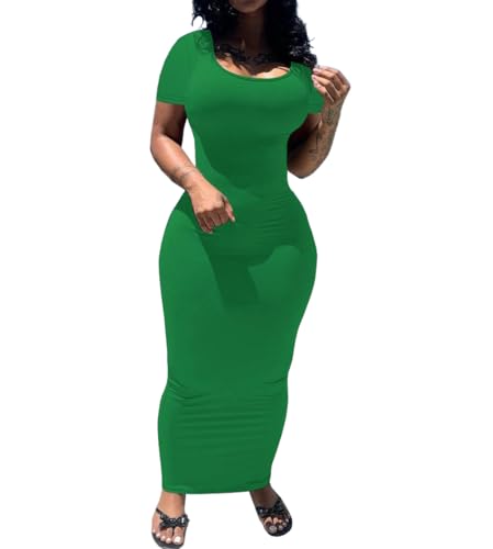 PINSV Damen Casual Bodycon Maxikleid Sommer U-Ausschnitt Kurzarm Lange Taillierte Kleider Club Party, Solid Green, Groß PINSV Damen Casual Bodycon Maxikleid Sommer U-Ausschnitt Kurzarm Lange Taillierte Kleider Club Party, Solid Green, Groß von PINSV