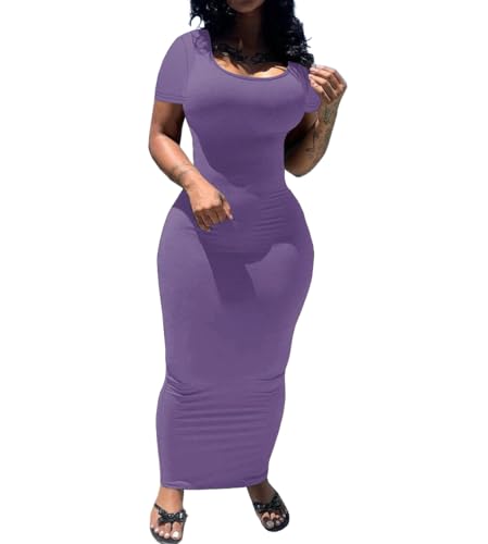 PINSV Damen Casual Bodycon Maxikleid Sommer U-Ausschnitt Kurzarm Lange Taillierte Kleider Club Party, reines violett, Mittel PINSV Damen Casual Bodycon Maxikleid Sommer U-Ausschnitt Kurzarm Lange Taillierte Kleider Club Party, reines violett, Mittel von PINSV