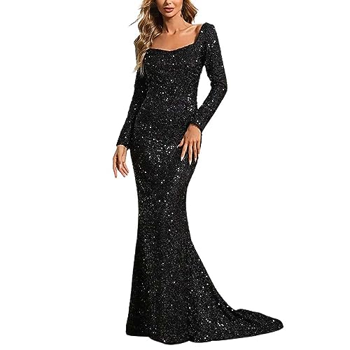 Abendkleid für Damen, Brautjungfernkleid, modisch, V-Ausschnitt, figurbetontes Paillettenkleid mit ausgestellten Ärmeln, mittlere Taille, langes Partykleid, Hochzeitsgastkleider für Damen Party von PINTUTU