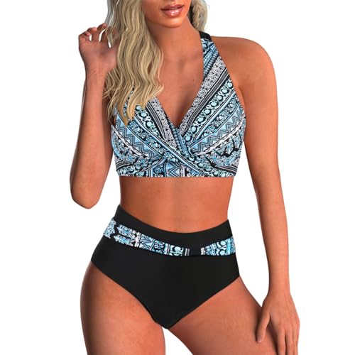 Bikini Damen Bauchweg Große Brüste Badeanzug High Waist Push Up Bikinis für Damen V Ausschnitt Blumenmuster Bademode Bauchkontrolle Zweiteilige Bademode Swimsuit Badeanzug Strand Ties Zweiteiliger von PINTUTU