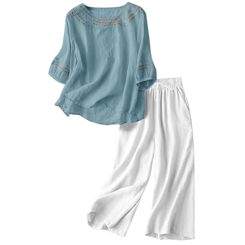 PINTUTU 2 Teiler Hosenanzug Damen Elegant Zweiteiler Outfit Sommer Langarm Top und Hose Leicht Sommeranzug Baumwolle Leinen Freizeitanzug Boho Leinenanzug Casual Einfarbig Loungewear von PINTUTU