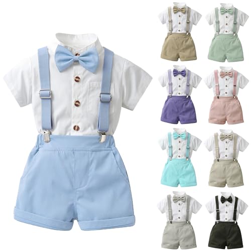 PINTUTU Baby Jungen Gentleman Anzüge, Kinder Kurzarm Hemd + Hosenträger + Fliege + Shorts 4tlg Bekleidungssets Festliche Taufe Hochzeit Gentleman Shorts Set von PINTUTU
