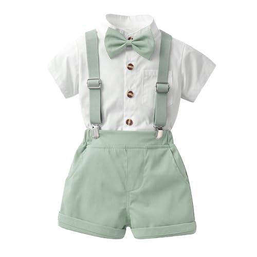 PINTUTU Baby Jungen Gentleman Anzüge, Kinder Kurzarm Hemd + Hosenträger + Fliege + Shorts 4tlg Bekleidungssets Festliche Taufe Hochzeit Gentleman Shorts Set von PINTUTU