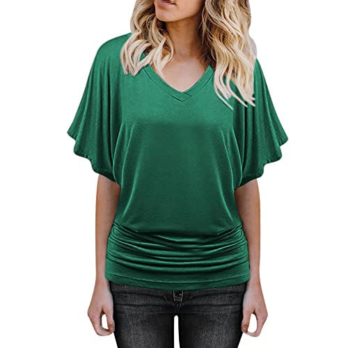 PINTUTU Damen Fledermaus Batwing Chiffonbluse Tunika T-Shirt Top Bluse Kurzarm V-Ausschnitt Sommer Loose Fit Hemd Kurz Fledermausärmel Oversize Sommer Oberteile von PINTUTU