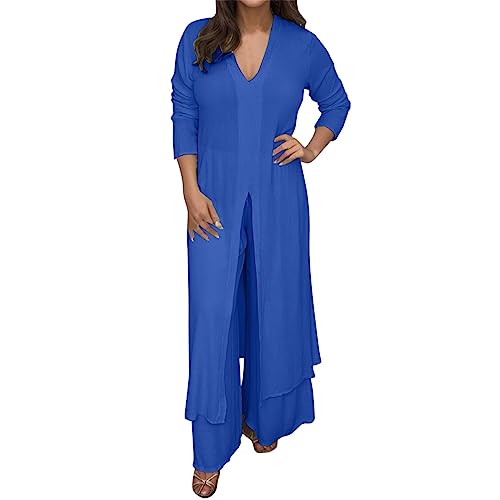 Damen Große Größen Chiffon Abendanzug Sets Cocktail Party Festlich Elegant 2-Teiliges Set Shirt Und Hohe Taille Hosenanzug Zweiteiler Freizeit Set von PINTUTU