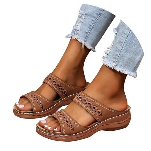 PINTUTU Damen Orthopädische Sandalen Atmungsaktive Schlappen Pantoletten Elegante Sommer Peep Toe Hausschuhe Keil PU-Leder Pantoffeln Gummi Plateau Pantoffeln Freizeit Strandschuhe von PINTUTU