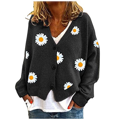 PINTUTU Strickjacke Damen V-Ausschnitt Cardigan Laternenhülle Casual Kurz Grobstrick Blumen Pullover Strickmantel Oversize Pullover Leiste Outerwear Mode Strickjacken Mantel von PINTUTU