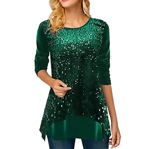 PINTUTU Tunika Damen Elegant Pailletten Oberteil Festliche Bluse 3/4 Arm Tunika Lässig Rundhals Glitzer Oberteile Langarmshirt Rock von PINTUTU