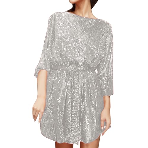 Pailettenkleider für Damen Glitzer Kleid Partykleid Hochzeit Cocktailkleid Elegant Hochzeitskleid Langarm Festlich Party Pailletten Kleider Glitzerkleid Abendkleid Silvester Outfit Gold Silber Rock von PINTUTU