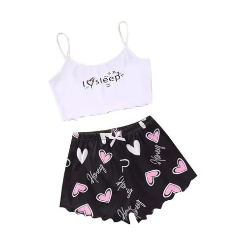 Schlafanzug Damen Kurz Pyjama Set, Damen Cami Schlafanzug Set Spaghettiträger Crop Top Short Sets Süßer Pyjama Set Sommer Schlafanzüge Schlafi Nachthemd von PINTUTU