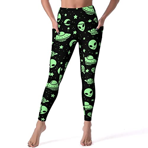 PIOKNGY Niedliche Yogahose mit hoher Taille für Damen mit Taschen, Bauchkontrolle, Laufen, Sport, Workout, Yoga, Leggings, Grüner Alien Ufo Moon, M von PIOKNGY