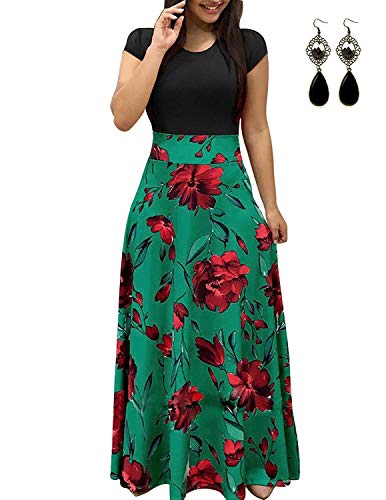 UUAISSO Sommerkleid Damen Lang mit Blüte Drucken Lang High Waist Elastische Strandkleider Maxikleider E-grün-Kurzarm L von UUAISSO