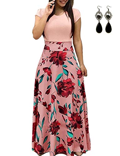 UUAISSO Sommerkleid Damen Lang mit Blüte Drucken Lang High Waist Elastische Strandkleider Maxikleider F-rosa-Kurzarm L von UUAISSO