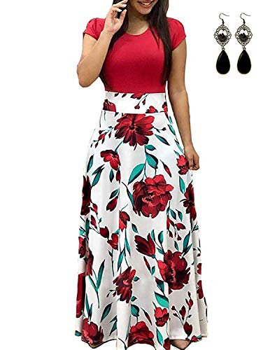 UUAISSO Sommerkleid Damen Lang mit Blüte Drucken Lang High Waist Elastische Strandkleider Maxikleider D-rot-Kurzarm XL von UUAISSO