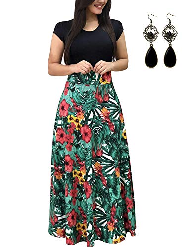 UUAISSO Sommerkleid Damen Lang mit Blüte Drucken Lang High Waist Elastische Strandkleider Maxikleider G-grünes Blatt-Kurzarm 3XL von UUAISSO