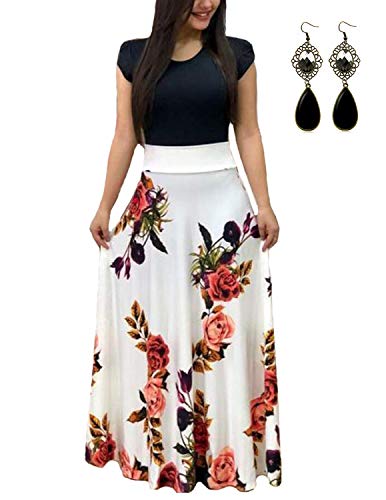 UUAISSO Sommerkleid Damen Lang mit Blüte Drucken Lang High Waist Elastische Strandkleider Maxikleider C-weiß-Kurzarm 5XL von UUAISSO