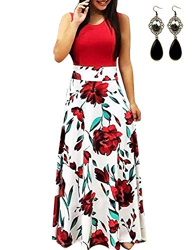 UUAISSO Sommerkleid Damen Lang mit Blüte Drucken Lang High Waist Elastische Strandkleider Maxikleider L-rot-Ohne Arm XL von UUAISSO