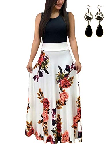 UUAISSO Sommerkleid Damen Lang mit Blüte Drucken Lang High Waist Elastische Strandkleider Maxikleider M-weiß-Ohne Arm 3XL von UUAISSO