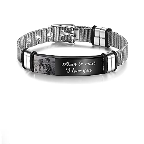 Herren-Armband aus Titanstahl, personalisierbar, mit Gravur, Name, Datum, verstellbar, Schwarz von PIROIT