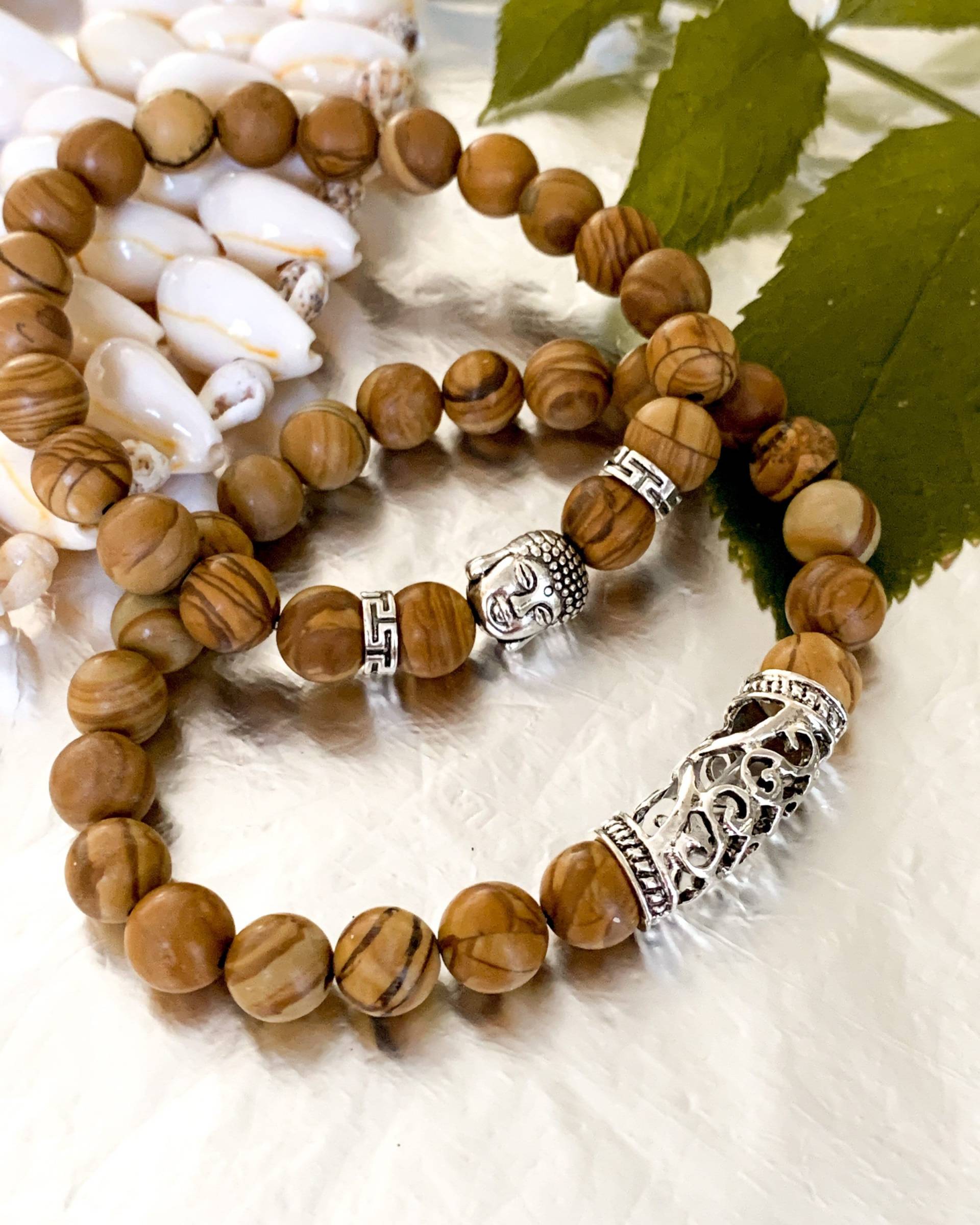 Armband Set | Energie Armbänder 2-Teilig Yoga Buddha Schmuck Perlenarmband Kopf Hellbraune Perlen von PIRONwear