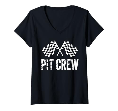 Damen Pit Crew Motorsport Checkered Flags Rennsport Fan Racing T-Shirt mit V-Ausschnitt von PIT CREW Distressed Motorsport Crew Event