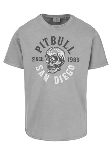 PITBULL Herren T-Shirt Skull Logo Vintage Style mit Washed Look Raw Edge Details Baumwolle Tshirt Rundhals Streetwear Print Sommershirt Kurzarmshirt von PITBULL