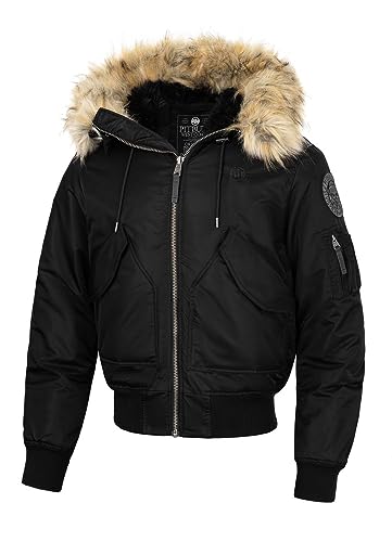 Pitbull Herren Winterjacke Oversize-Schnitt Männer Jacke Winter mit Kapuze Bomber-Taille Harvest Abnehmbares Kunstfell am Rand der Kapuze XS von PITBULL
