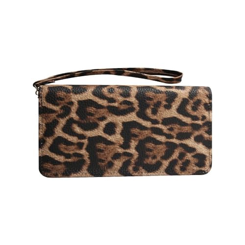 PITERIO Damen-Geldbörse, braun, Retro, lange Handgelenktasche mit Reißverschluss, Leopardenmuster von PITERIO