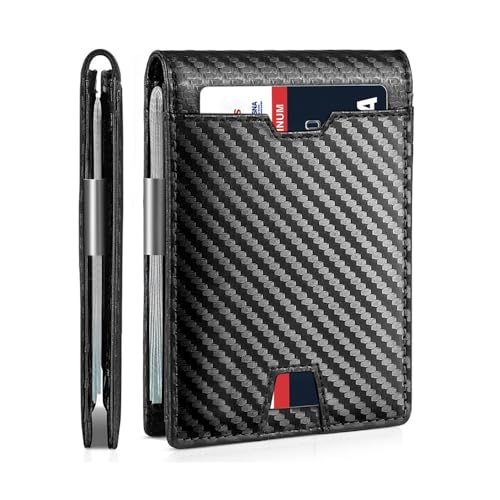 PITERIO Herren-Geldbörse, Leder, tragbar, Kartenclip, RFID-Diebstahlschutz, Kartenfach, mehrere Schlitze, dünn, Kohlefaser, schwarze Geldbörse für Herren von PITERIO