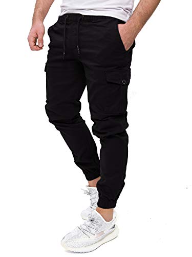 PITTMAN Darius - Herren Cargohosen Mit Gummizug - Männer Cargojoggers - Slim Fit Cargo Arbeitshose, Schwarz (Black 194008), W30/L34 von PITTMAN