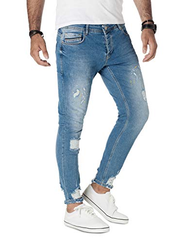 PITTMAN Herren Jeans Skinny Fit M436 - Jeans Zerrissen Herren - Blaue Used Look Hose eng Männer Stretchjeans, Blau (Blue Denim), W34/L32 von PITTMAN