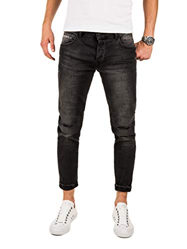 PITTMAN Herren Jeans Skinny Fit M442 - Jeans Zerrissen Herren - schwarz Used Look Hose eng Männer Stretchjeans, Schwarz (Phantom Black 4205), W36/L32 von PITTMAN