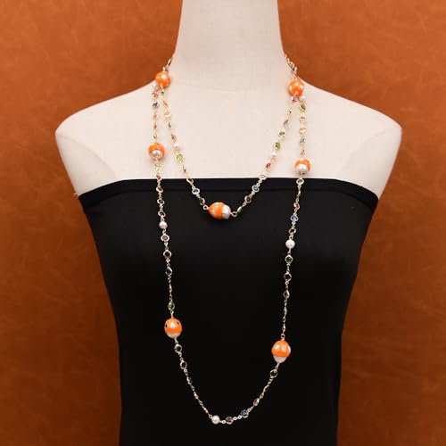 PIUHRKLEVD 62'' Orange Enamel Glaze Keshi Pearl Paved Mix Color Cubic Zirconia Crystal Chain Long Necklace For Women PIUHRKLEVD 62'' Orange Enamel Glaze Keshi Pearl Paved Mix Color Cubic Zirconia Crystal Chain Long Necklace For Women von PIUHRKLEVD