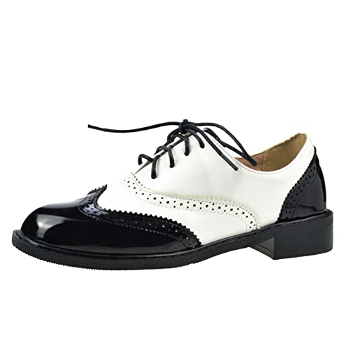 PIVAPAM Damen-Sattelschuhe mit Flügelspitze, klobiger Absatz, Lackleder, Vintage-Brogue-Schnürung, zweifarbig, Schwarz und Weiß, Schwarz Lack, 40.5 EU PIVAPAM Damen-Sattelschuhe mit Flügelspitze, klobiger Absatz, Lackleder, Vintage-Brogue-Schnürung, zweifarbig, Schwarz und Weiß, Schwarz Lack, 40.5 EU von PIVAPAM