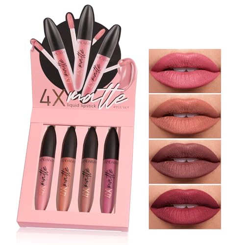 4 Stück matte flüssige Lippenstift-Sets, antihaftbeschichtet, verblasst nicht, wasserdicht, nackter Lippenstift, Make-up-Kits, samtiger Lipgloss, Lippen-Make-up, Geschenksets für Mädchen und Frauen von PIWINE