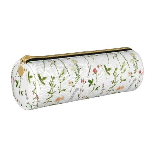 Federmäppchen aus Leder mit roten Mohnblumen, rund, für Mädchen und Jungen, niedliches Stifteetui, Make-up-Tasche, ideales Geschenk für Schule, Büro und Reisen, Jahreszeit Wasserfarben von Kräutern von PIWINE