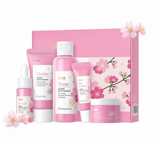 Hautpflege Set Hautpflege für Teenager Mädchen Geschenkset Kirschblüten Hautpflege Sets Tief Feuchtigkeit Reduzieren feine Linien Inklusive Reiniger, Toner, Serum Essenz, Augencreme, Gesichtscreme von PIWINE