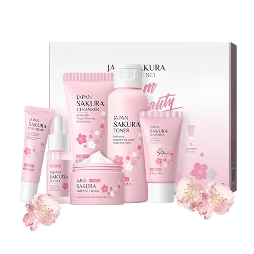 Kirschblüten Hautpflege-Set Sanfte Hautreinigung & Pflege Mädchen und Frauen Geschenkset inklusive Cleanser Serum Toner Augencreme Gesichtscreme Sonnenschutz (6PCS) von XJBD