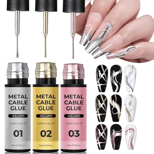Metallic Nail Gel Liner - 3D Malerei Spiegel-Effekt UV/LED Glossy Polish - 3 Farben Silber Soak Off für DIY Maniküre von PIWINE