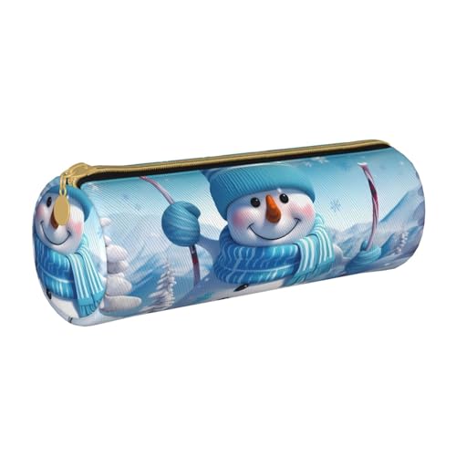 Rundes Federmäppchen aus Leder für Mädchen und Jungen, niedliches Stifteetui, Make-up-Tasche, ideales Geschenk für Schule, Büro und Reisen, 3D Lovely Christmas Cartoon Skifahren Schneemann von PIWINE