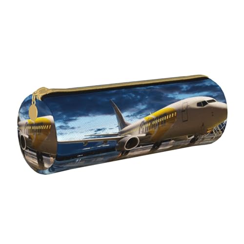 Rundes Federmäppchen aus Leder mit fliegendem Flugzeug für Mädchen und Jungen, niedliches Stifteetui, Make-up-Tasche, ideales Geschenk für Schule, Büro und Reisen, Flugzeug im Abendlicht, von PIWINE