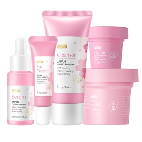 Sakura Geschenkset für Teenager-Mädchen – Gesichtsroutine-Set für Frauen, 5-teiliges sanfte Hautreinigung & Pflege, Reisegrößen-Set mit Reiniger, Gesichtsserum, Augencreme, Gesichtscreme und von PIWINE