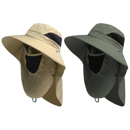 PIWOSGOL 2 Stück Sonnenhut mit Nackenschutz, Fischerhut, Atmungsaktiv und Faltbar,UV-Schutz,Einstellbare Größe mit Abnehmbarer Halsklappe,Breite Krempe Outdoor Trekking Hut für Männer und Frauen von PIWOSGOL