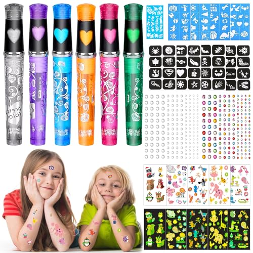 PIWOSGOL 21 Stück Tattoo Stifte für Kinder, Glitzer Tattoo Gelstifte Set, Glitzer Tattoo für die Haut, 6 Tatoostiftes, 8 Tattoo Temporäre Schablonens, 2 Glitzersteine, 5 Im Dunkeln Leuchten Tattoos von PIWOSGOL