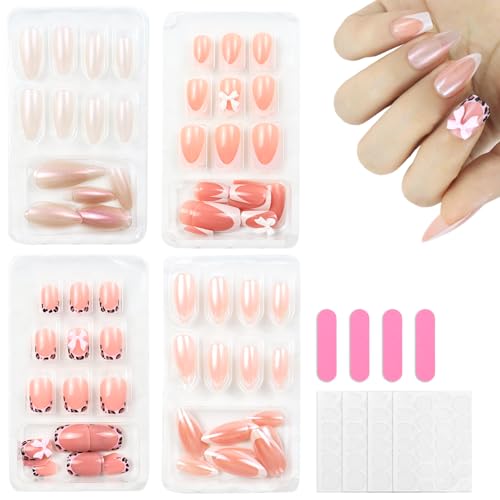 PIWOSGOL 96 Stück Press on Nails Vier Typen Selbstklebende Mandel Fingernägel mit Nagelkleber Französische Spitze zum Aufdrücken der Nägel für Frauen Nail Art, NailTips von PIWOSGOL