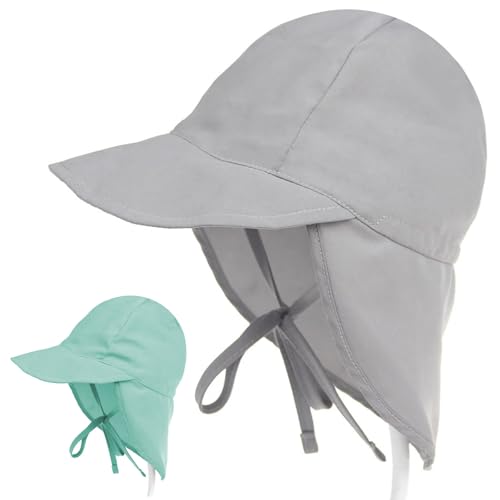 PIWOSGOL Baby Sonnenhut UPF 50+ Mit Nackenschutz Und Einstellbare Bindebänder, UV-Schutz Sommermütze, Kleinkind Strand Mütze für Mädchen Jungen Kinder (Grau) von PIWOSGOL