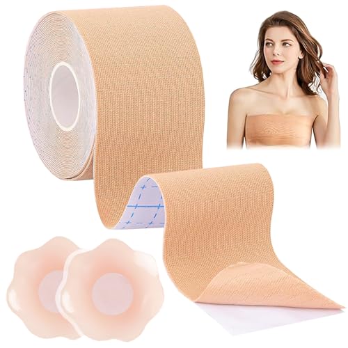 PIWOSGOL Klebe BH Boob Tape, Atmungsaktives Brust Tape Push Up mit 2 Wiederverwendbare Unsichtbar Silikon Brüste Nippelpads, Klebe BH Push Up Große für Abendkleider, Ballkleid, Hochzeitskleid von PIWOSGOL
