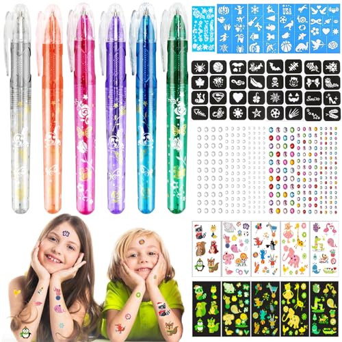 PIWOSGOL 21 Stück Tattoo Stifte Kinder, Glitzer Tattoo Gelstifte Set für die Haut 6 Temporäre Tatoostift mit 8 Schablone 2 Edelstein 5 Leuchtende Aufkleber Geschenk für Jungen Mädchen Halloween Party von PIWOSGOL