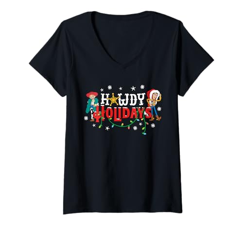 Damen Disney and Pixar's Toy Story Howdy Holidays Woody & Jessie T-Shirt mit V-Ausschnitt von Disney Pixar