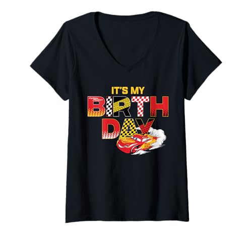 Damen Disney & Pixar's Cars It's My Birthday Lightning McQueen T-Shirt mit V-Ausschnitt von PIXAR